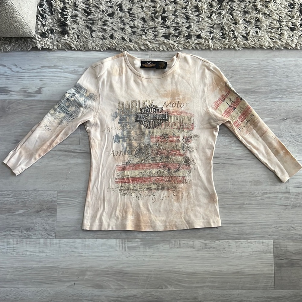 Harley Davidson Light Pink Faded American Flag Long Sleeve Shirt